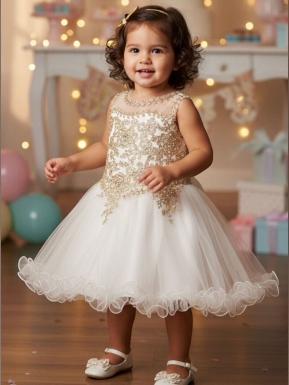 White Flower Girl Dress with Gold Embroidery and Ruffled Hem